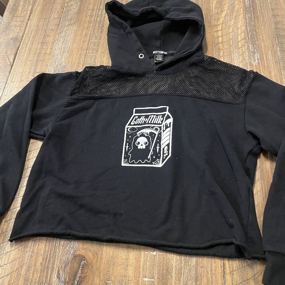 "Goth Milk" Hot Topic Crop Hoodie with Fishnet Shoulders